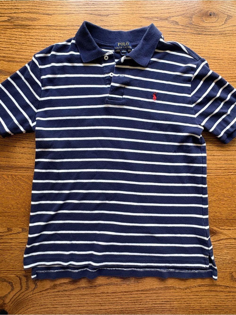 Polo by Ralph Lauren Navy & White Striped Polo with Red Pony- Boys L (14/16)